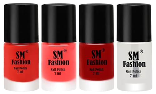 Image of Nail Polish Combo Set (Pack of 4) Quick Dry Gel Finish Nail Paint | Fire Orange,Baby Pink,Light Red,Top Coat | 7 ml Each