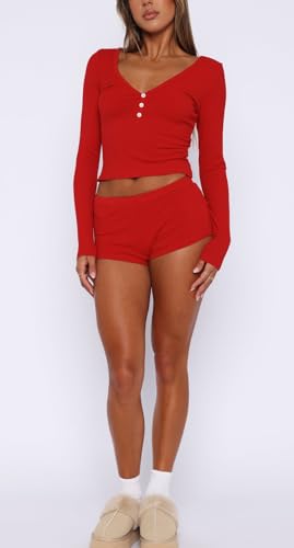 Image of REVETRO Fall Womens 2 Piece Pajama Sets Sexy PJ Shorts Y2k V Neck Long Sleeve Lounge Set Sleepwear with Button Down