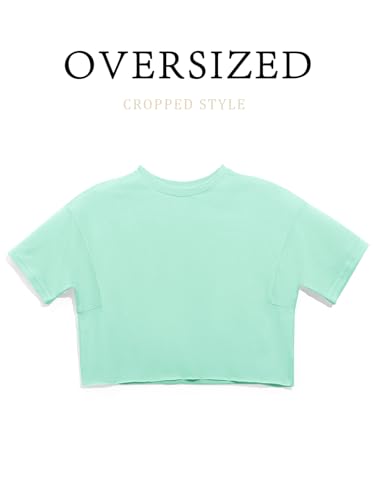 Image of Girls Athletic Oversized Crop Tops Kids Drop Shoulder Short Sleeve T Shirts Workout Tees 5-14 Years