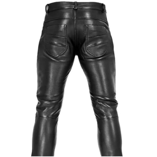 Men's Black Matte Faux Leather Slim Pencil Pants Vintage Pu Splicing Straight Trousers with Pocket Motorcycle Style3