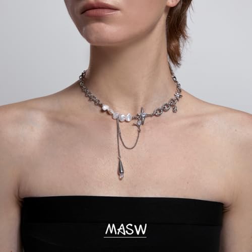 Fashion spliced ​​clavicle chain breeding irregular star pearl necklace women's jewelry silver metal choker personality chunky necklace teardrop shape tassel clavicle chain4