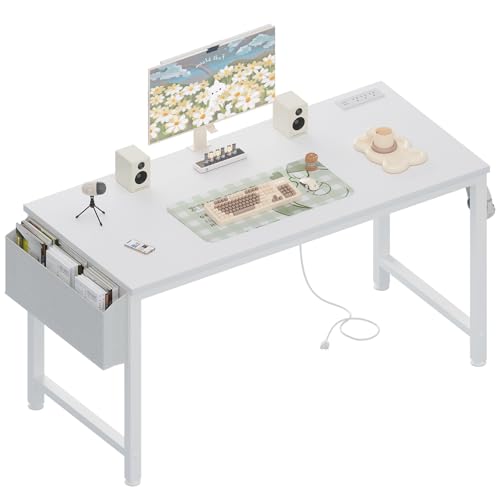 Lufeiya White 47-Inch Teen Study Desk with Built-In Power Outlet for Home Office and Gaming