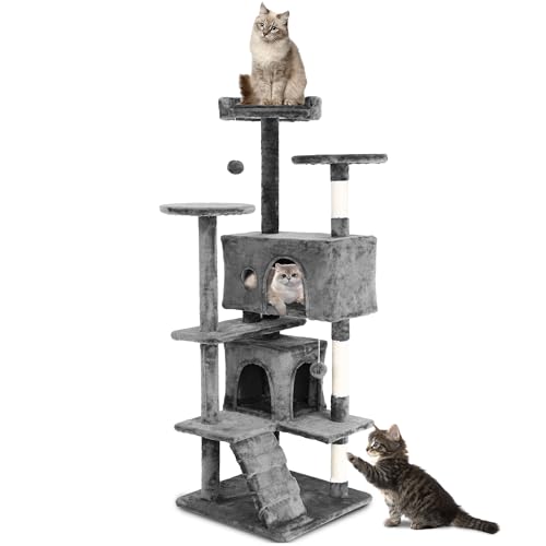 Torre para gatos grandes 54" alto con rascadores y cama miniatura 1