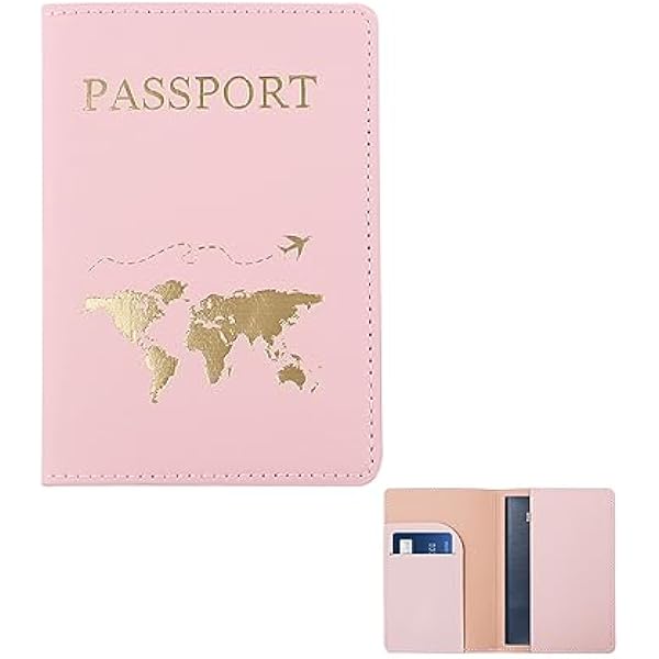 FuninCrea Uchwyt na paszport, skóra PU, pokrowiec na paszport, portfel podróżny z wieloma przegródkami, smukły pokrowiec na paszport, portfel ze złotym wzorem na paszport, wizytówki, Rosa, S