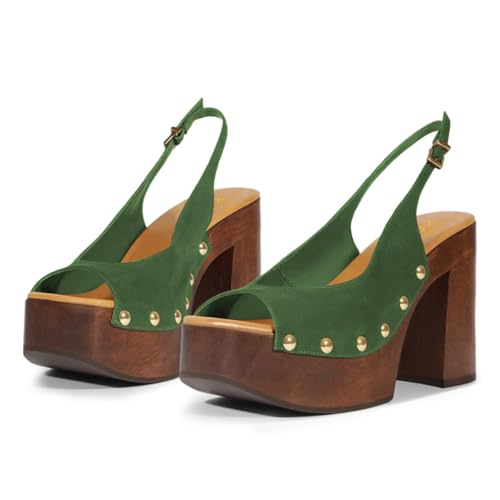 YDN Women's Rivet Studded Platform Chunky Block High Heeled Sandals Slingback Buckle Strap Clog Shoes Size 4-16 US4