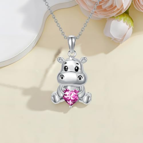 Image of PROESS Animal Birthstone Necklace 925 Sterling Silver Otter /Axolotl /Hippo /Elephant /Dachshund /Monkey /Red Panda Pendant Necklace Animal Birthstone Jewelry Gifts for Women