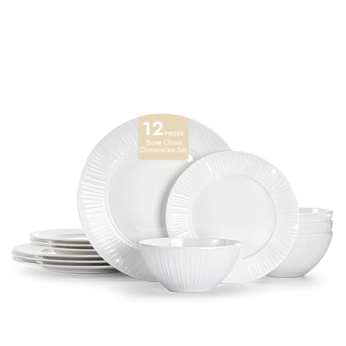 KINGSTONE KINGSTONE 12Pc Textured White Bone China Set Service for 4