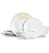 KINGSTONE Bone China Dinnerware Set, 12-Piece White Lightweight Porcelain with Textured Design Se...