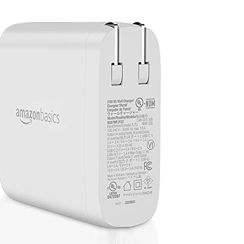 Image of Amazon Basics 100W Four-Port GaN Wall Charger with 2 USB-C (100W, 18W) & 2 USB-A Ports (12W), PD 3.0, Foldable Plug, Portable Multi-Device Charging for Laptops, Tablets & Phones, Non-PPS, White