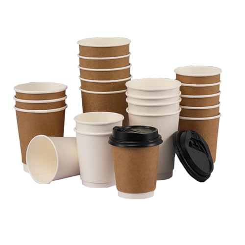 Frisence 二重断熱紙コップ 使い捨て コーヒー 蓋つき お茶カップ 耐熱 50個入 厚紙 カフェラテテイクアウト ミルクティー 閉じた蓋 温冷両用 業務用品 ホルダー Fcup01B (クラフト紙の色 12オンス-400ml)