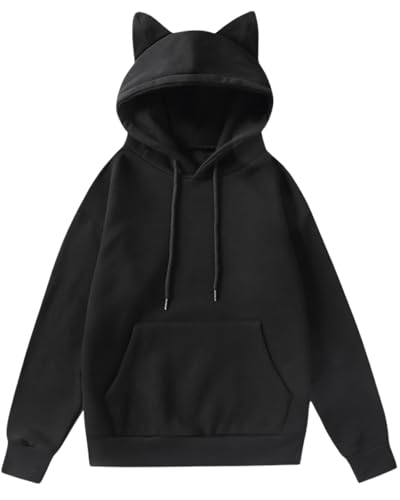LEBOOBELL Mujeres Monedas de Orejas de Gato Lindas Sudaderas Y2K Manga Larga Sudadera Niñas Camisetas Abrigo Exterior Negro L