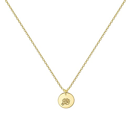 Birth Month Flower Necklace for Women 14K Gold Plated Engraved Floral Coin Pendent Necklace for Girls