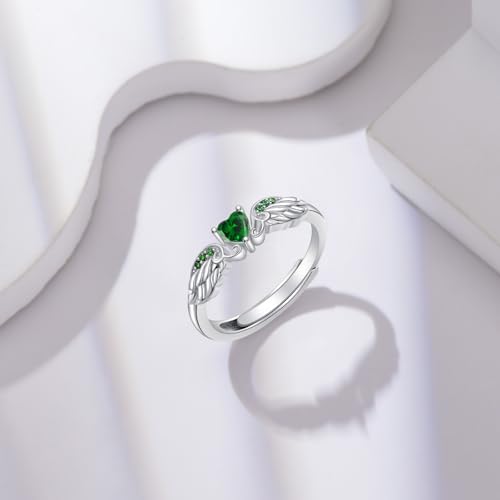 925 Sterling Silver Angel Wing Heart Ring for Women High Polish Angel Memorial Ring with Emerald Green Gemstone Birthstone Promise Ring Colored Zirconia Mothers Day Jewelry Christmas Gifts3