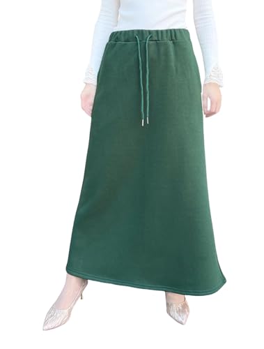 Women Fleece Lined Skirt Long Warm Fall Winter Skirts with Pockets and Drawstring,Elastic High Waisted A-Line Skirt