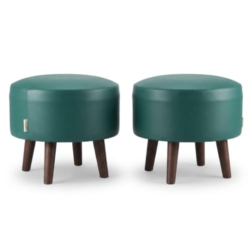 Image of Stool Ottoman Pouffes for Living Room, Kitchen, Home, Office Furniture with Soft Cotton Cushion Mudda Footrest Stool for Chair Sofa Bed Dressing Decor, Green Leather (17 Inch Pack of 2)