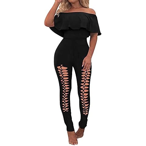 Eledobby Womens Sexy Bodycon Jumpsuit Cutout Bodysuits Off The Shoulder Ruffle Playsuit Ladies Tights Romper Hollow Out Clubwear Clothes Black S Cover