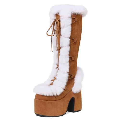 VIMISAOI Womens Mid Calf Boots, Lace Up Zip Block Chunky