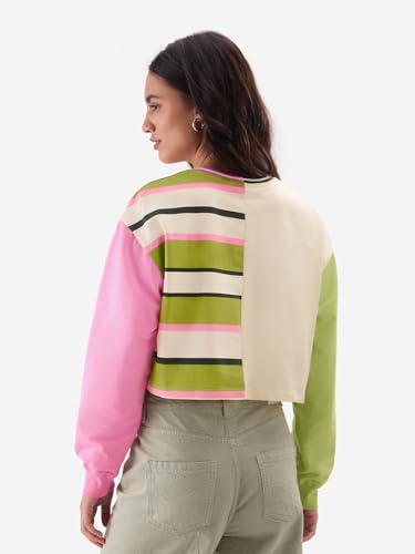 Image of The Souled Store Lilo & Stitch: Like No Other Women and Girls Full Sleeves V Neck 100% Cotton Oversized Fit Cropped Tops Multicolour Graphic Tops Casual Fashion Full Sleeves Round Neck Printed