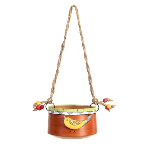 Image of AAKRITI ART CREATIONS Terracotta Hanging Planters | Handpainted, Floral Art, Sparrow Motif, Red Matte Finish | Outdoor & Indoor Home Decor Items | Room Decor Artifacts, Flower Pots for Living Room