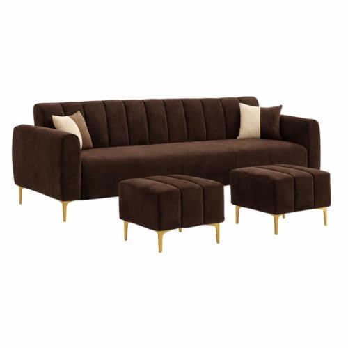 Image of Habibi 5 Seater L Shape Sofa Set with 2 Movable Ottomans | Flexible Layout | Rich Velvet Suede Fabric | Silver Legs | Modern Sofa for Living Room (Cream) (Dark Brown, Habibi)