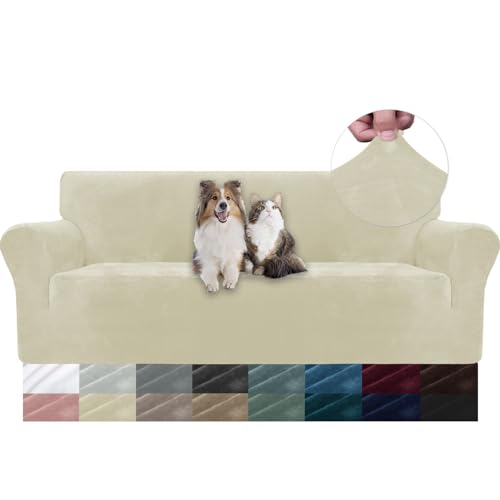 YSTELLAA Samt Sofa Überzug 3 Sitzer, Stretch Sofahusse Universal, Sofaschoner rutschfest, Sofa Covers Mit Armlehne, Couch Bezug Schutz Katze, Waschbare Couchschoner, Beige