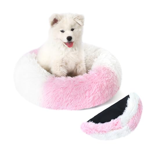 COMSLE Cama Perro Redonda, Felpa Cama Gato de Donut con Parte Antideslizante, Extraíble y Lavable Cama Antiestres Perro, Cama para Mascotas Gatos y Perros Medianos Pequeños, Blanco Rosa, 40cm