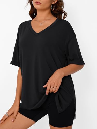 Trendy Queen Oversized Tshirts For Women Workout Plus Size Tops V Neck Short Sleeve Gym Shirts Casual Loose Fit Basic Tees - Image 5