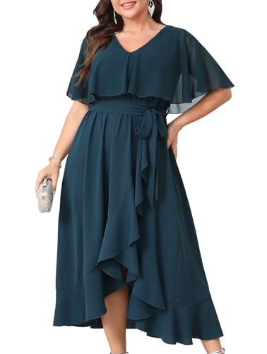 Image of Women Plus Size Long Formal Dress Short Sleeve Chiffon Ruffle V Neck High Low Split Wedding Guest Maxi Dresses