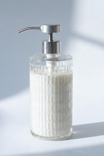 Image of Fluted Glass Soap Dispenser with Stainless Steel Pump for Bathroom, 17oz | Vintage Art Deco Reeded Glass, Refillable Clear Ribbed Bottle, Rust-Proof Pump, for Kitchen Countertop