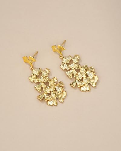 18K gold plated Dangle Textured Chunky Ginkgo Leaf Shell Tiered Statement Earrings for Women by SNGIA, Dainty Handmade Trendy Summer Drop Flower Jewelry Gifts, Thin Beachy Vintage Plant Fashion Drop Accessories, Vintage Nickle Free Floral Dangling Earrings.3