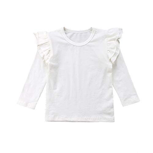 Toddler Baby Girls Ruffle Long Sleeved T-Shirt Blouse Solid Cotton Basic Tees Top (3-4 T, White)
