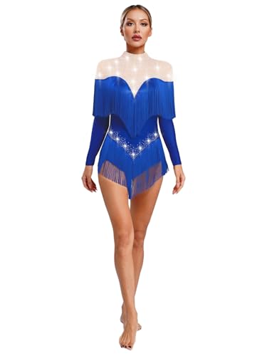 inlzdz Vestido De Danza Latino Mujeres Vestido con Flecos Maillot De Danza Patinaje Traje De Baile Competición Actuación Azul S