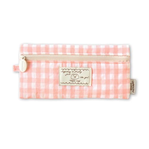 Image of Monolike Unmatched Friends Fabric Check Pencil Case, Pink - Pencil Pouch, Portable Pencil Bag, Pencil Case, Office Pouch case, Fabric, Cushion, Soft, Pastel