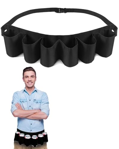 TPZORJX 1 Stück Biergürtel, 6 Bierflaschen- oder Dosenhalter, tragbarer Gürtel, verstellbarer Bierhalter Weingürtel, geeignet für Camping, Festivals, Junggesellenabschiede(schwarz)