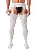iiniim Homme String Sexy Dentelle Floral Collant Bas pour Porte Jarretelle Gay Transparent Sissy Collants Jarretières Stocking Nightwear Underwear Blanc Taille Unique