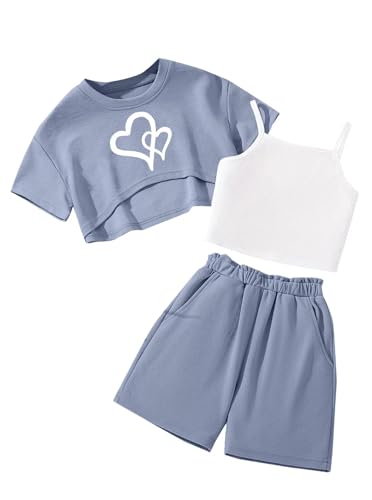 Girl's Summer 3 Piece Outfits Graphic Short Sleeve Crop Top Cami and Shorts Clothes Set
