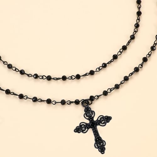 Gothic Bead Cross Necklace Layered Cross Choker Necklaces for Women Goth Cross Necklace Gothic Necklace Punk Black Cross Pendant Necklace Halloween Christmas New Year Goth Jewelry Gift for Women4