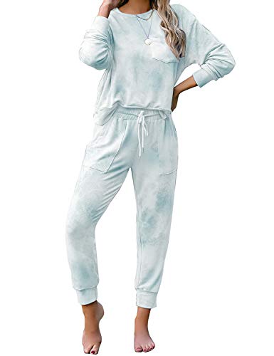 luvamia Women's Tie Dye Printed Pajama Sets Long Sleeve Tops and Pants Long PJ Sets Joggers Loungewear Sleepwear Nightwear Light Blue Medium