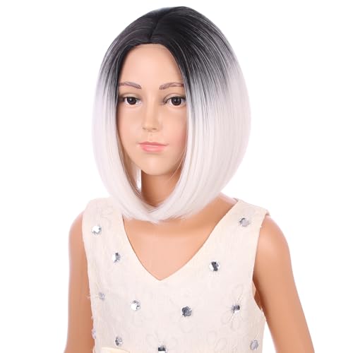 Image of Ombre Blonde Kids Wig Girls Dark Roots Middle Part Wig Short Straight Bob Wigs Synthetic Wigs