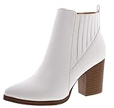 TOP Moda Womens Ankle Boots Chunky Stacked Mid Heel Elastic Chelsea,White,8