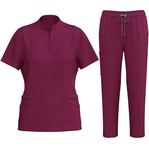 Women's Fast Dry Nurse Scrubs Turtleneck Short Sleeve Drawstring Pant Set
