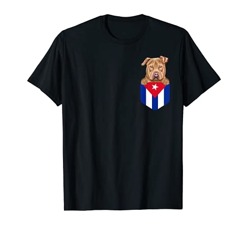 Cuba Flag Usa Staffordshire Terrier Dog In Pocket T-Shirt, Black