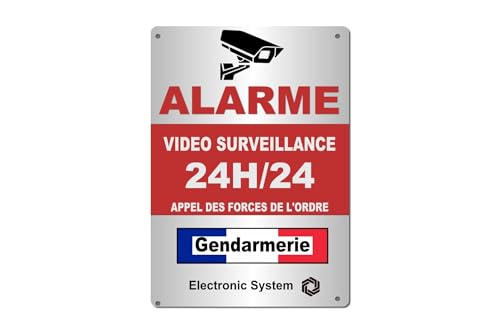 Señalización Video Vigilancia 24 horas - Efecto aluminio - Estilo Gendarmería - PVC rígido 20×14 cm - Alarma Disuasión Cámara Seguridad Hogar Empresa & Comercio