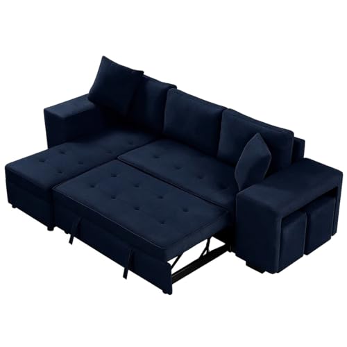 Image of FURNY Holland 6 Seater Fabric LHS L Shape Pull Out Sofa Cum Bed with Storage & 2 Puffy for Living Room (Blue)