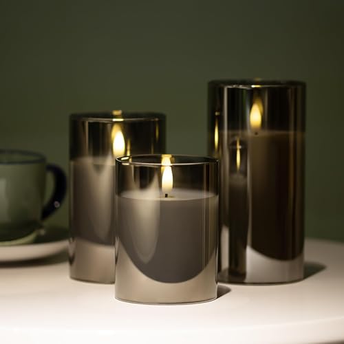 Image of Flameless Candles Battery Operated Candles LED Pillar Grey Glass Candles | 10-Key Control with Remote and Timers for Indoor Party, Wedding,Tabletop Halloween Decorations, H 4 inch 5 inch 6 inch, Set of 3