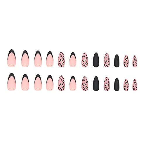 French Tip Press On Nails Medium Length Fake Nails Full Cover Almond Shaped False Nails With Designs Matte Black Nail Tips Glue On Nails Gold Foil Leopard Acrylic Nails For Women Girls Manicure #TOP5