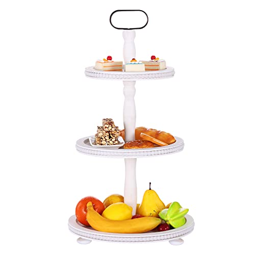 Urban Deco Wooden Tiered Tray 3-Tier Decorative Tray Stand Farmhouse Serving Tray, Round Wooden Cupcake Display Stand with Metal Handle, White Tiered Fruits Tray for Home Party Decorations by Urban Deco - Used condition - US$27.63