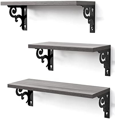 AMADA HOMEFURNISHING Floating Shelves, Grey Wall Shelves for Bedroom, Bathroom, Kitchen, Living Room, Shelves for Wall Decor Set of 3, Waterproof - AMFS21