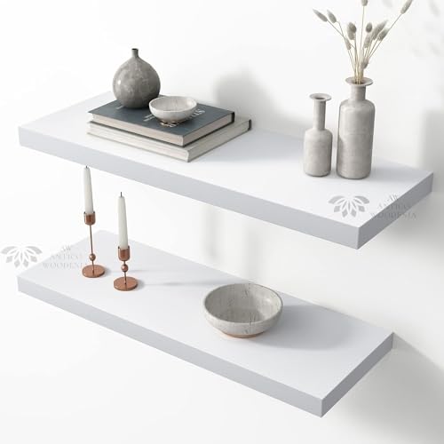 Image of Aries Wooden Floating Wall Shelf| Wall Rack Shelf | Wall Mount for Living Room, Bedroom, Kitchen (Set of 2 White, XX-Large (24inches))