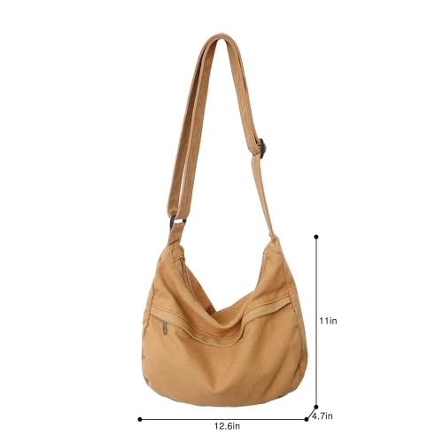 Image of Canvas Messenger Bag Large Hobo Crossbody Bag with Zipper Casual Shoulder Tote Handbag for Women and Men